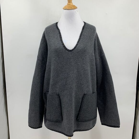 Zara Sweater Womens L Large Gray Knit Exposed Stitching V Neck Pockets Oversized - Picture 2 of 13